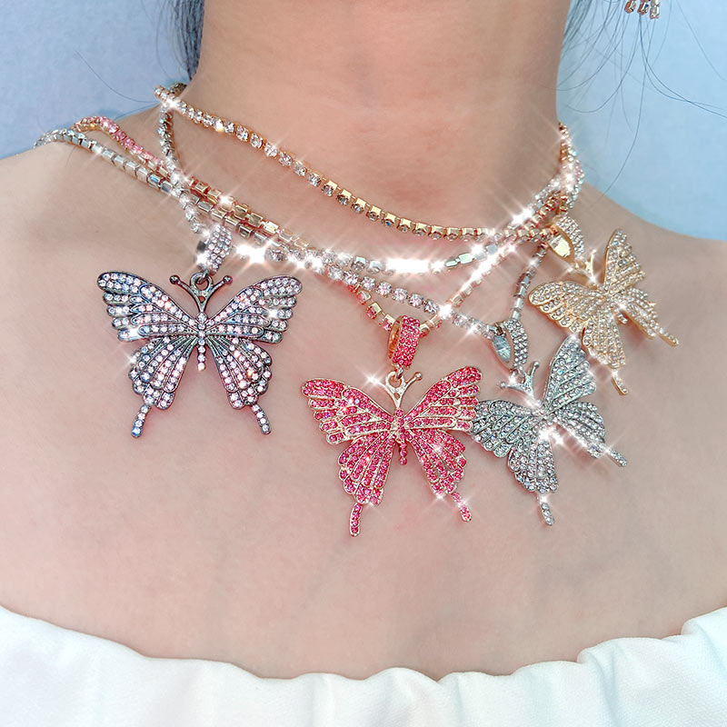 Statement Butterfly Pendant Necklace with Rhinestone Chain for Women | Bling Tennis Chain Crystal Choker Necklace Party Jewelry