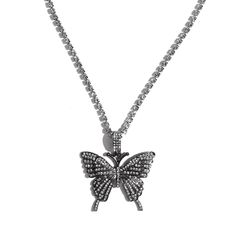 Statement Butterfly Pendant Necklace with Rhinestone Chain for Women | Bling Tennis Chain Crystal Choker Necklace Party Jewelry