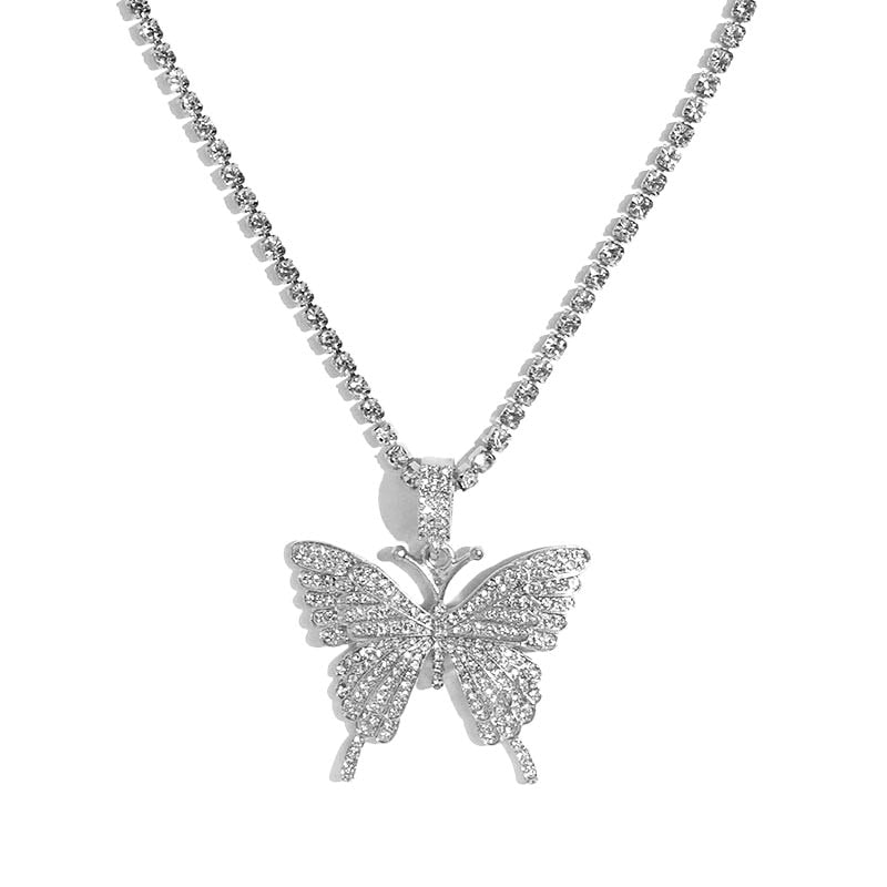 Statement Butterfly Pendant Necklace with Rhinestone Chain for Women | Bling Tennis Chain Crystal Choker Necklace Party Jewelry