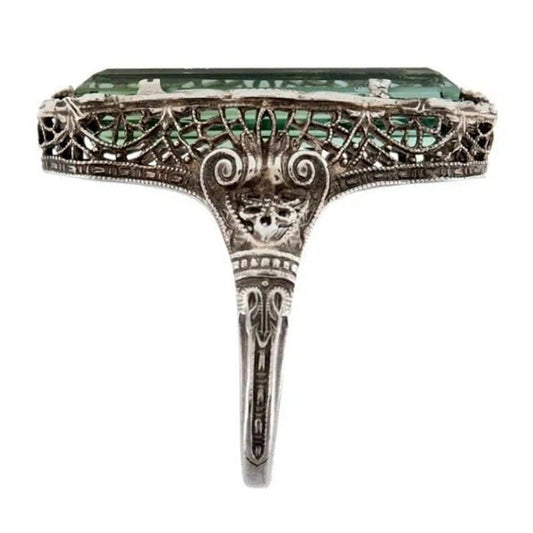 Art Deco Vintage Style Ring with Dramatic Emerald Colored Stone | Statement Ring Fashion Jewelry