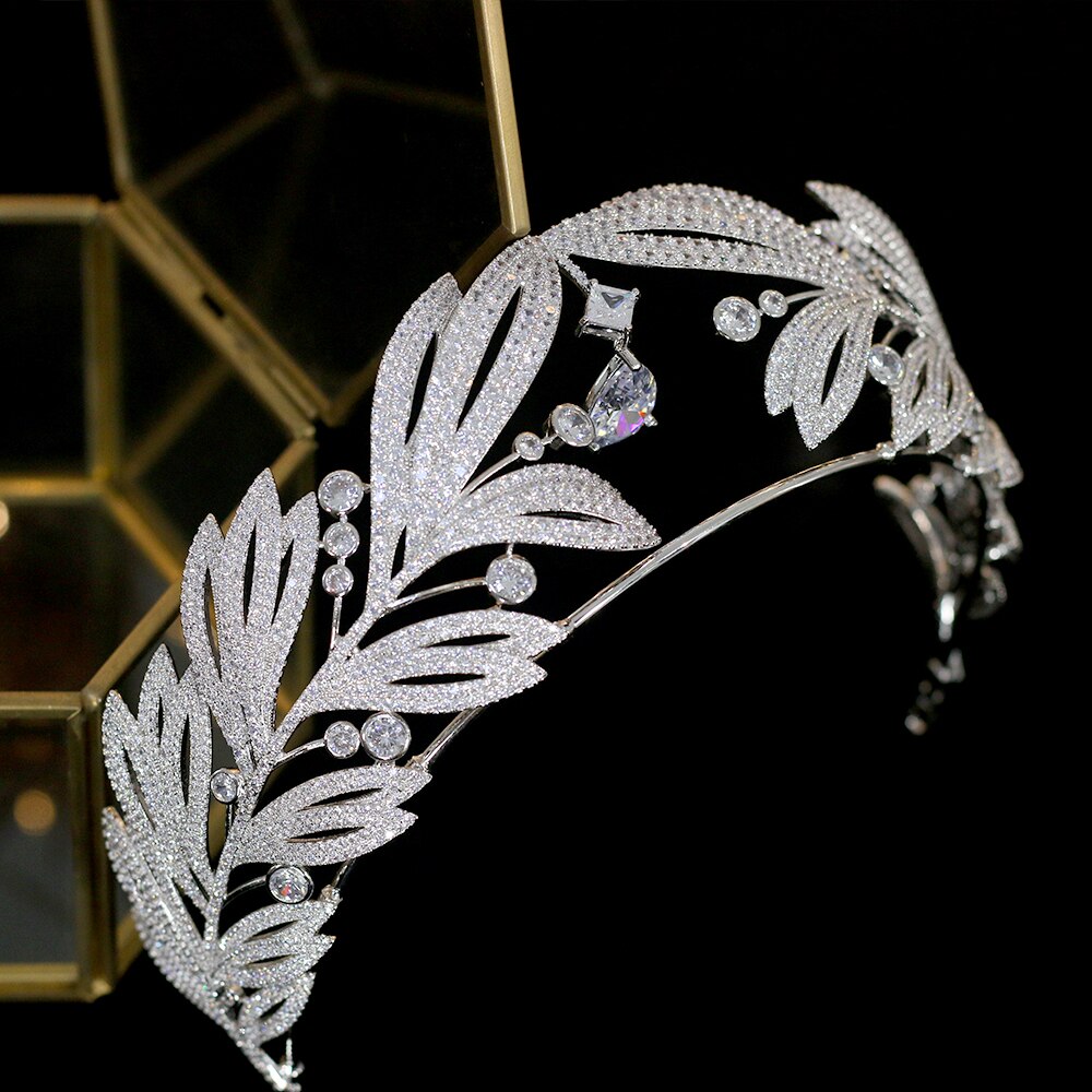 The Olive Leaf Tiara | Luxury Replica Crowns Of Europe Royal CZ Crystal Pendant Tiara