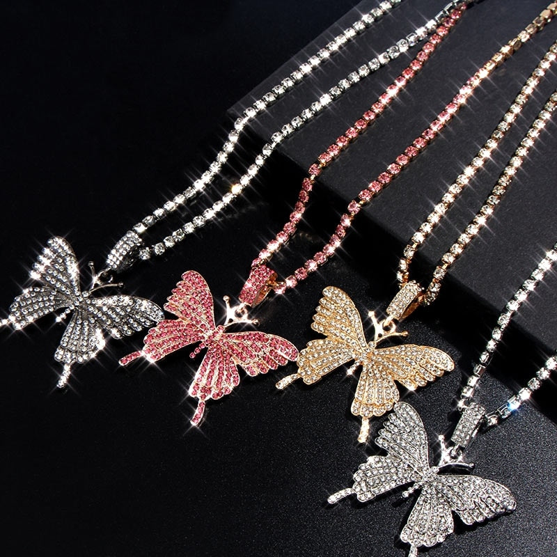 Statement Butterfly Pendant Necklace with Rhinestone Chain for Women | Bling Tennis Chain Crystal Choker Necklace Party Jewelry