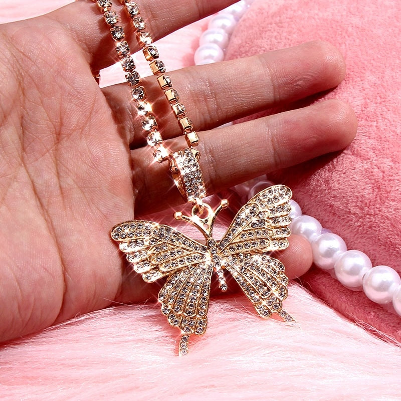 Statement Butterfly Pendant Necklace with Rhinestone Chain for Women | Bling Tennis Chain Crystal Choker Necklace Party Jewelry