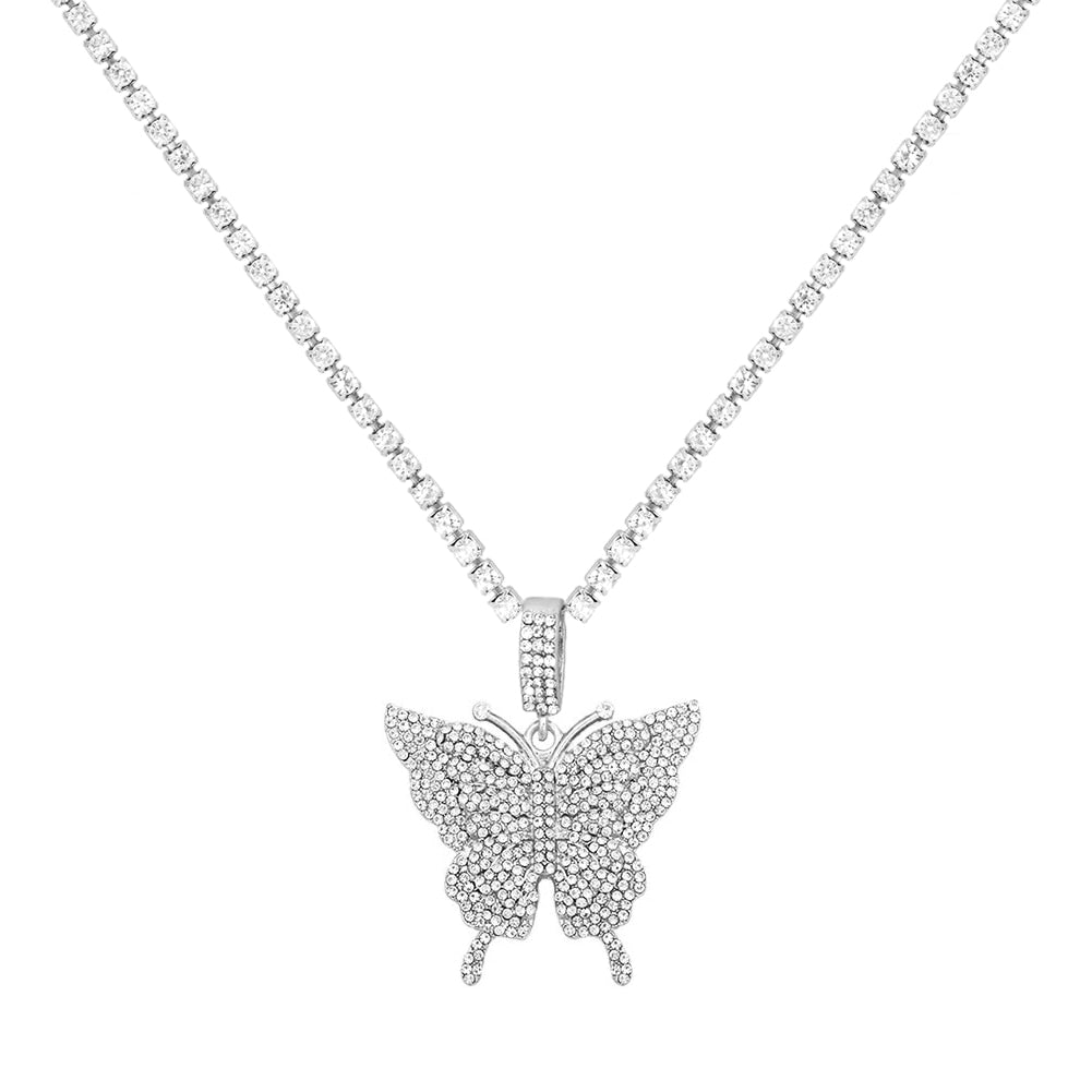 Statement Butterfly Pendant Necklace with Rhinestone Chain for Women | Bling Tennis Chain Crystal Choker Necklace Party Jewelry