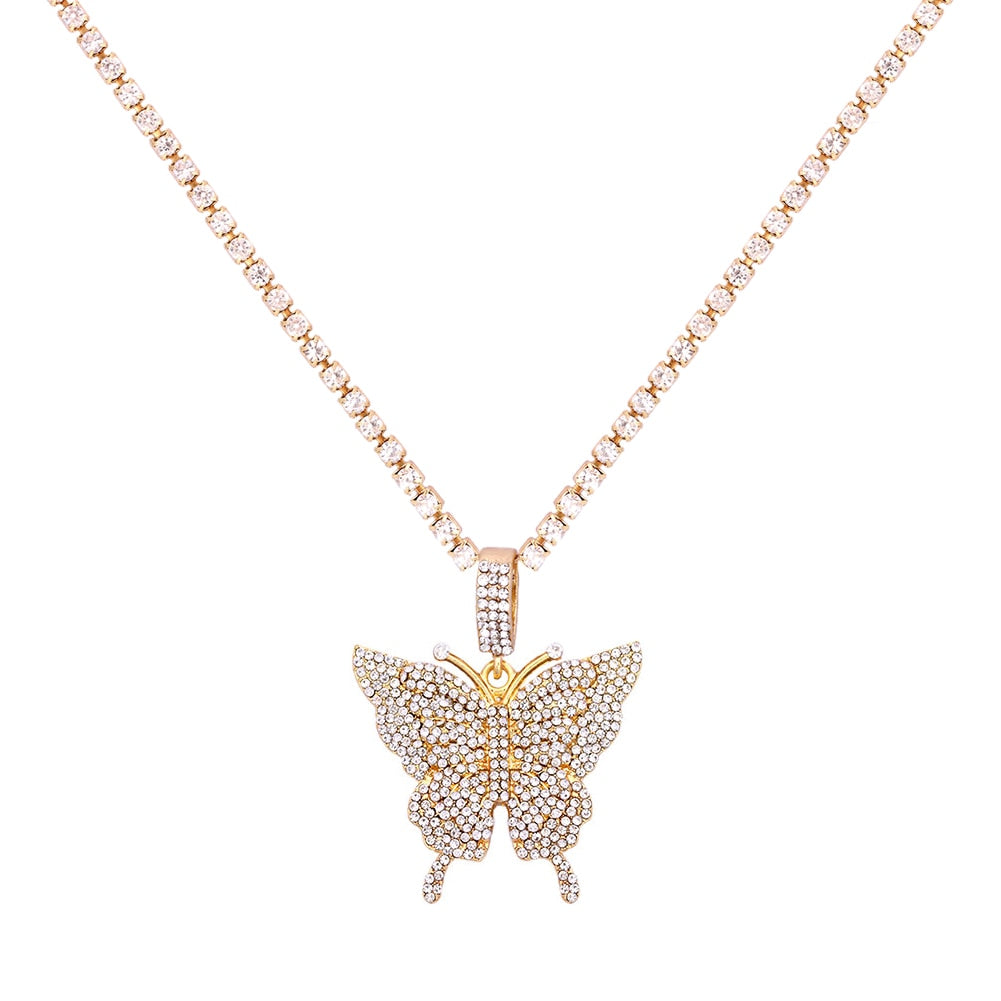 Statement Butterfly Pendant Necklace with Rhinestone Chain for Women | Bling Tennis Chain Crystal Choker Necklace Party Jewelry