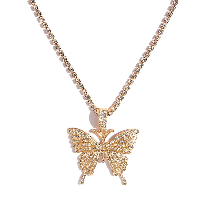 Statement Butterfly Pendant Necklace with Rhinestone Chain for Women | Bling Tennis Chain Crystal Choker Necklace Party Jewelry