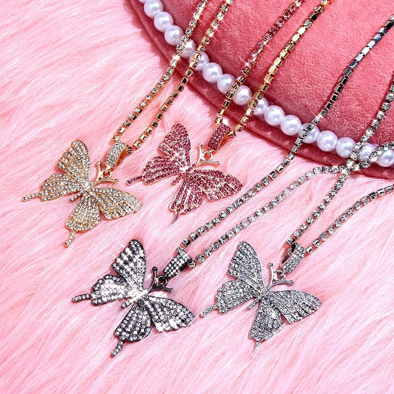 Statement Butterfly Pendant Necklace with Rhinestone Chain for Women | Bling Tennis Chain Crystal Choker Necklace Party Jewelry