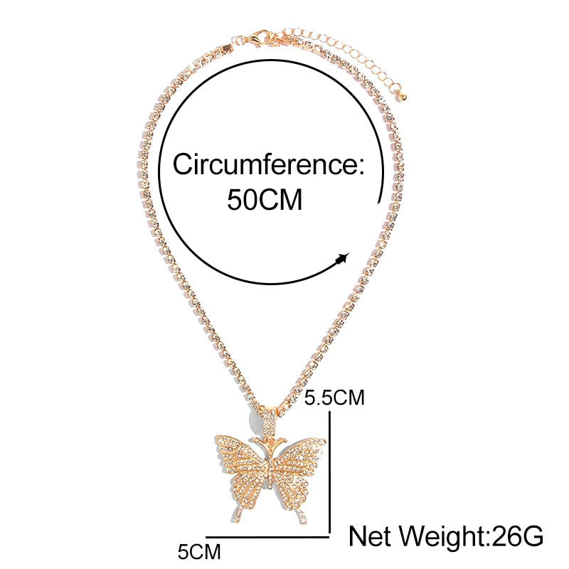 Statement Butterfly Pendant Necklace with Rhinestone Chain for Women | Bling Tennis Chain Crystal Choker Necklace Party Jewelry