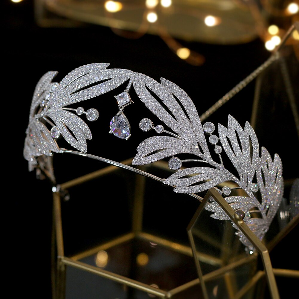 The Olive Leaf Tiara | Luxury Replica Crowns Of Europe Royal CZ Crystal Pendant Tiara