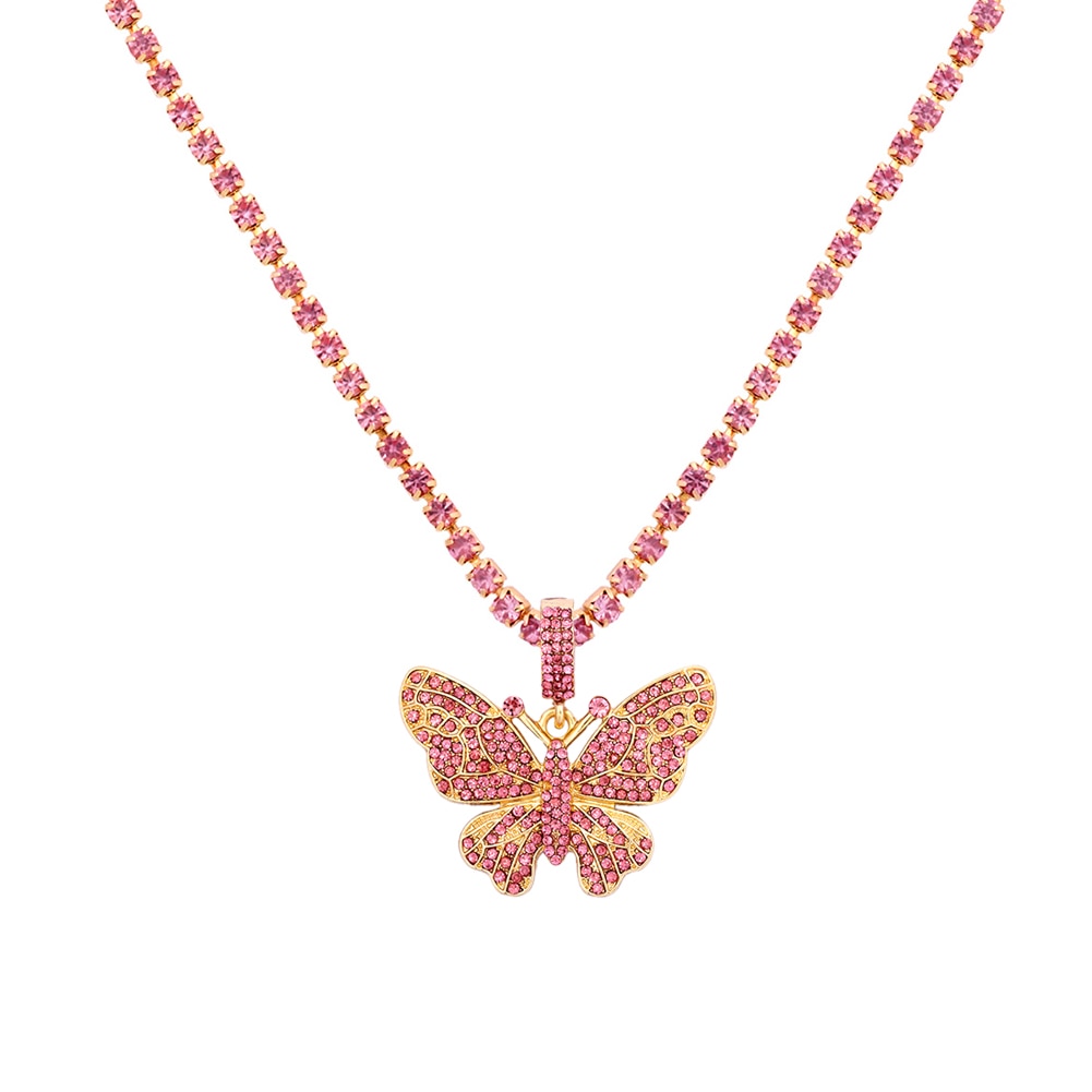 Statement Butterfly Pendant Necklace with Rhinestone Chain for Women | Bling Tennis Chain Crystal Choker Necklace Party Jewelry