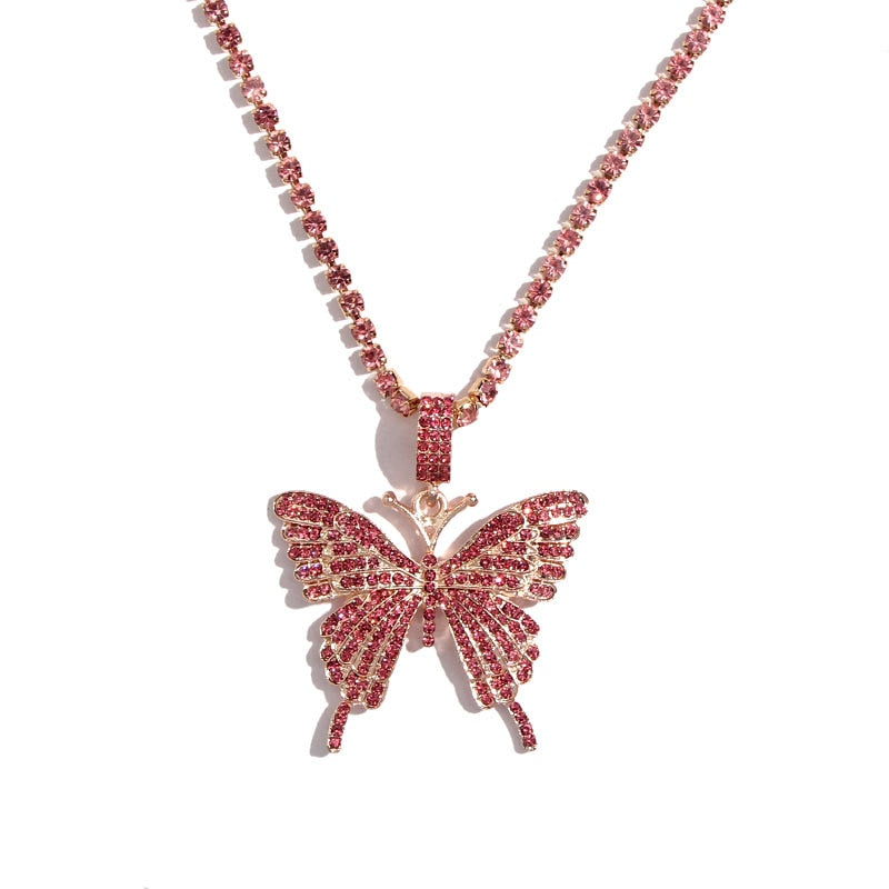 Statement Butterfly Pendant Necklace with Rhinestone Chain for Women | Bling Tennis Chain Crystal Choker Necklace Party Jewelry