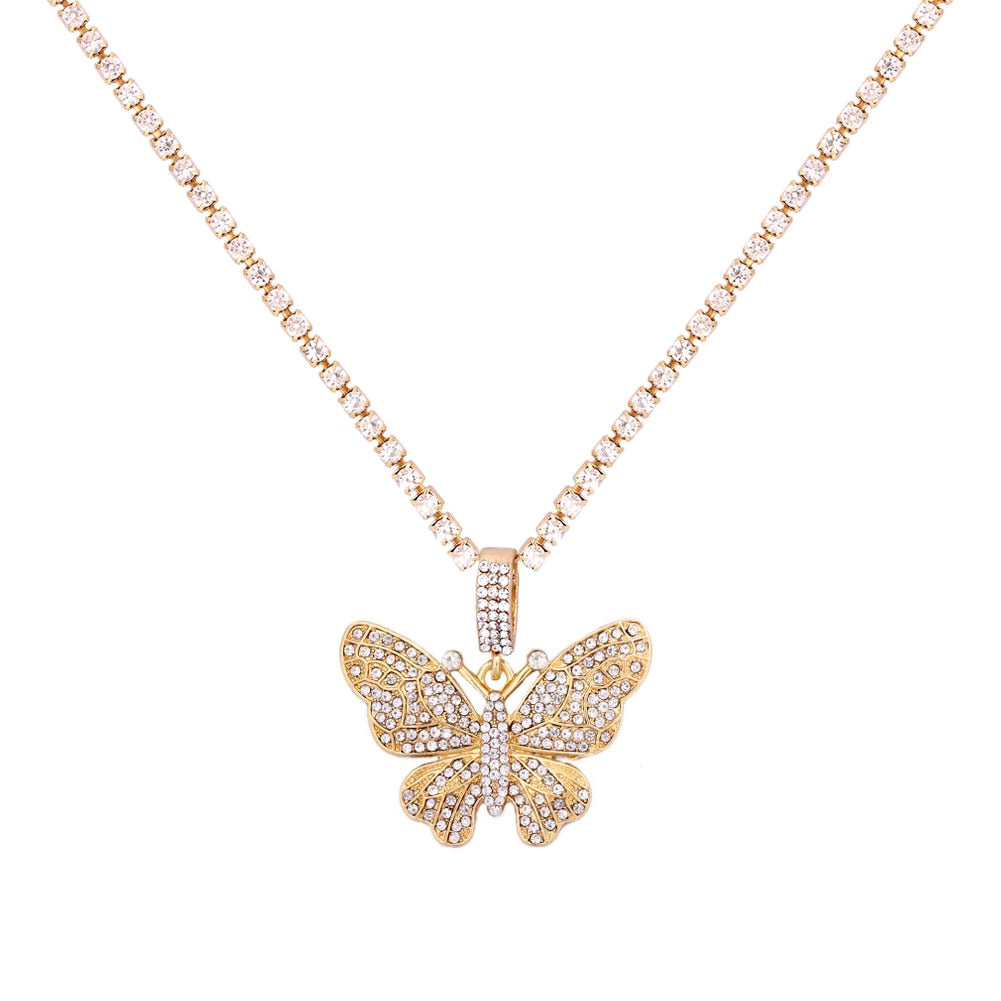 Statement Butterfly Pendant Necklace with Rhinestone Chain for Women | Bling Tennis Chain Crystal Choker Necklace Party Jewelry