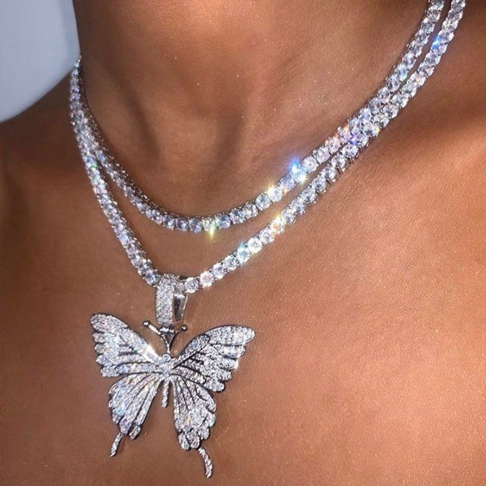 Statement Butterfly Pendant Necklace with Rhinestone Chain for Women | Bling Tennis Chain Crystal Choker Necklace Party Jewelry