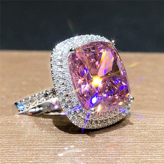 Sparkling Big Pink Cubic Zirconia Ring for Women Party Rings Fashion Jewelry