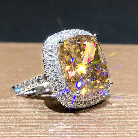 Sparkling Big Yellow Cubic Zirconia Ring for Women Party Rings Fashion Jewelry