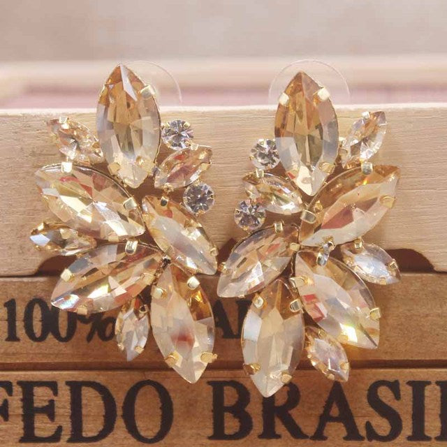 Gorgeous Large Marquise Crystal Cluster and Rhinestone Gold tone Earrings