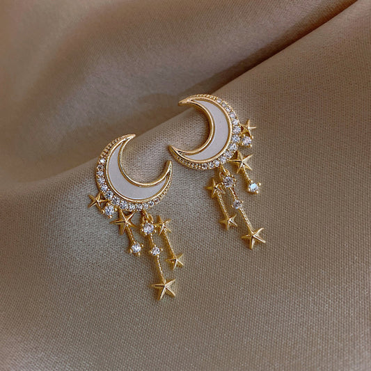 White and Gold Moon Dangle Earrings