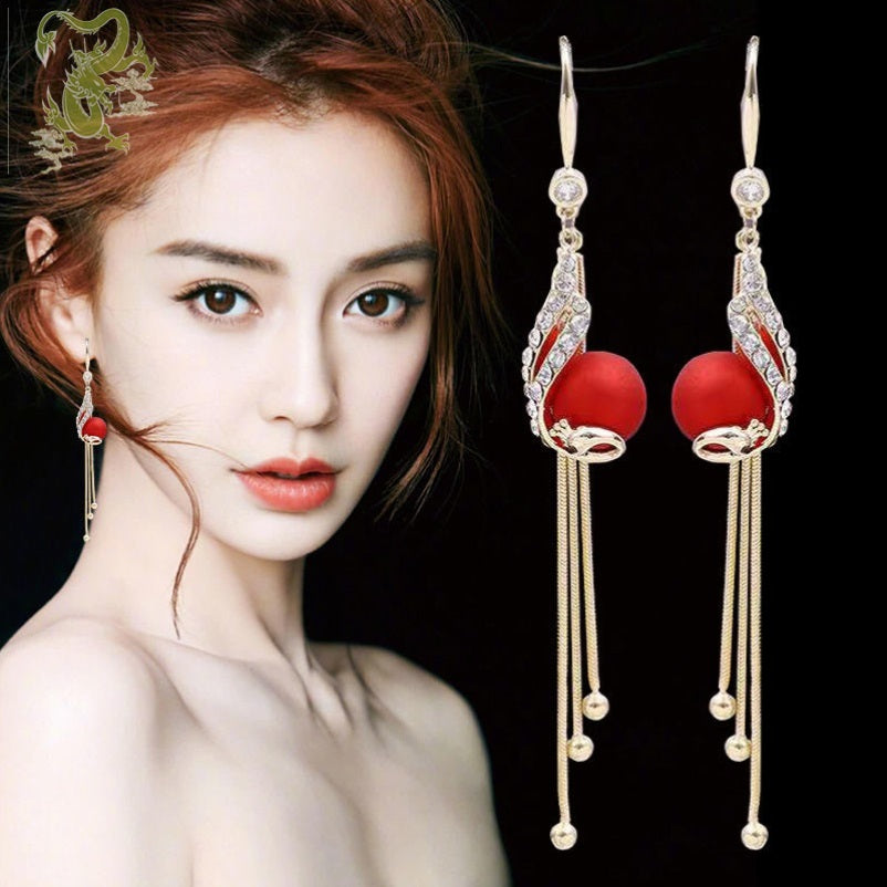 Elegant Peacock Rhinestone Tassel Pendant Earrings Exquisite Red Simulated-pearl Earrings