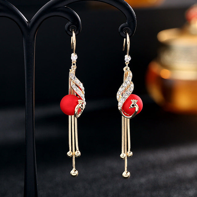 Elegant Peacock Rhinestone Tassel Pendant Earrings Exquisite Red Simulated-pearl Earrings